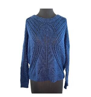 Devoted Blue Crochet Cable Knit Long Sleeve Round Neck Chunky Sweater Size M